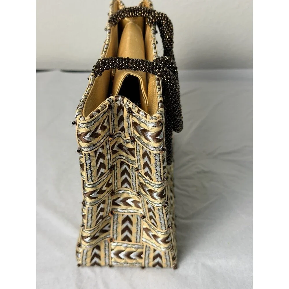 Vintage Vanessa Woven Handbag Beaded Handle Chevron Geometric Tote Purse MINT